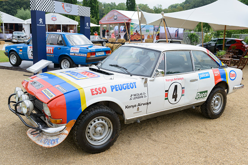 Jüchen, Germany - August 5, 2016: Peugeot 504 V6 Coupe V6 Group 4 1970s rally car front view. The car is on display during the 2016 Classic Days at castle Dyck. The car is displayed in a field, with people looking at the cars in the background.