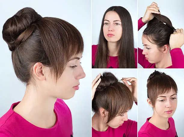 Hair tutorial step by step. Simple hairstyle twisted bun with forelock tutorial. Backstage technique of twist bun and creating bangs. Hairstyle for long hair