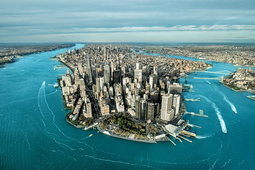 Helicopter point of view of Manhattan island in New York City.