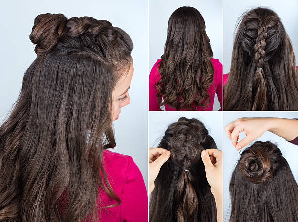 Hairstyle Bun With Plait Tutorial Stock Photo - Download Image Now -  Hairstyle, Half Up Do, Braided Hair - iStock