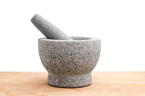 Stone Mortar On Wood Table With White Background