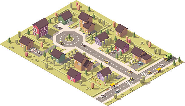 illustrations, cliparts, dessins animés et icônes de vecteur isométrique basse banlieue poly - village community town house