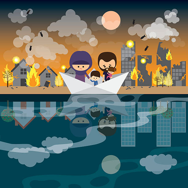 istock refugee family escaping the war in boat. 626434644
