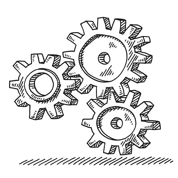 Vector illustration of Three Connected Gears Drawing