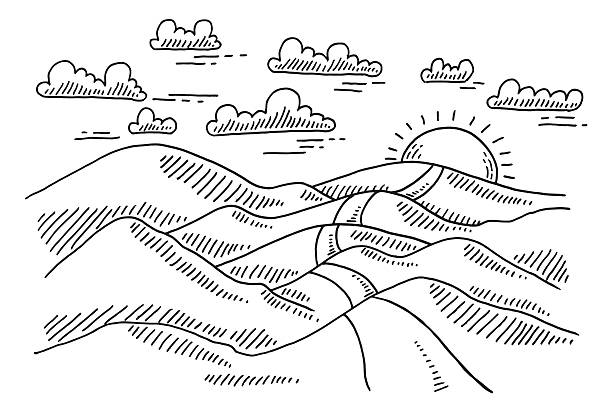 ilustrações de stock, clip art, desenhos animados e ícones de landscape hilly road to the sun drawing - road street hill landscape