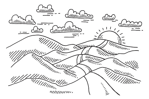 Hand-drawn vector drawing of a Landscape with a Hilly Road To The Sun. Black-and-White sketch on a transparent background (.eps-file). Included files are EPS (v10) and Hi-Res JPG.