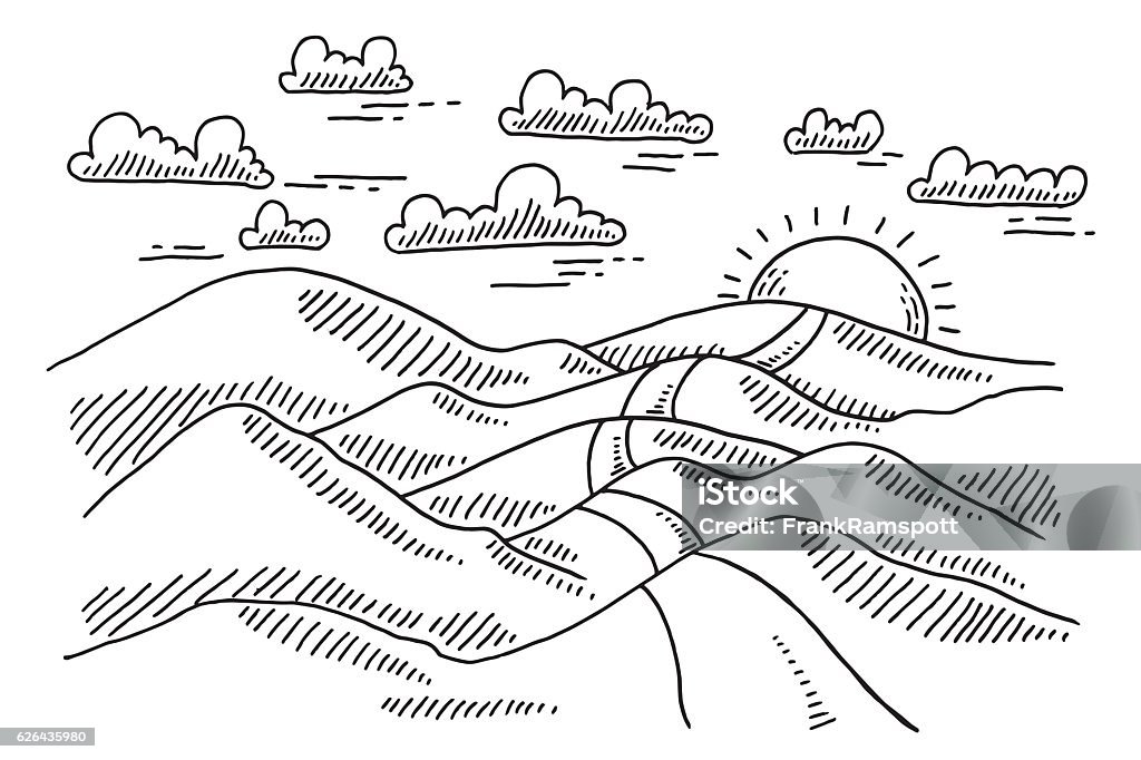 Landscape Hilly Road To The Sun Drawing Hand-drawn vector drawing of a Landscape with a Hilly Road To The Sun. Black-and-White sketch on a transparent background (.eps-file). Included files are EPS (v10) and Hi-Res JPG. Hill stock vector