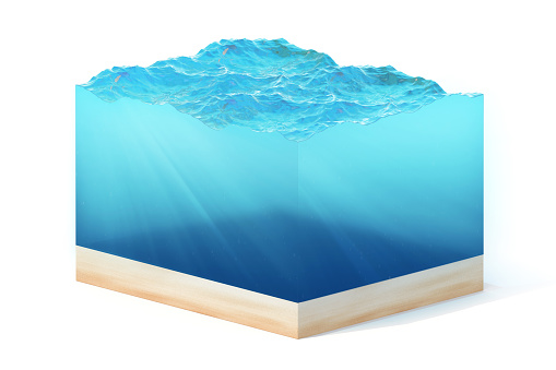 3d rendering of section of clean ocean water with bottom under water, isolated on white background