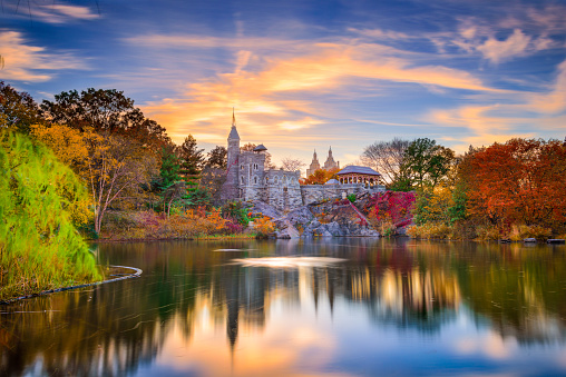 Central Park, New York City at Belvedere Castle during an autumn sunset.