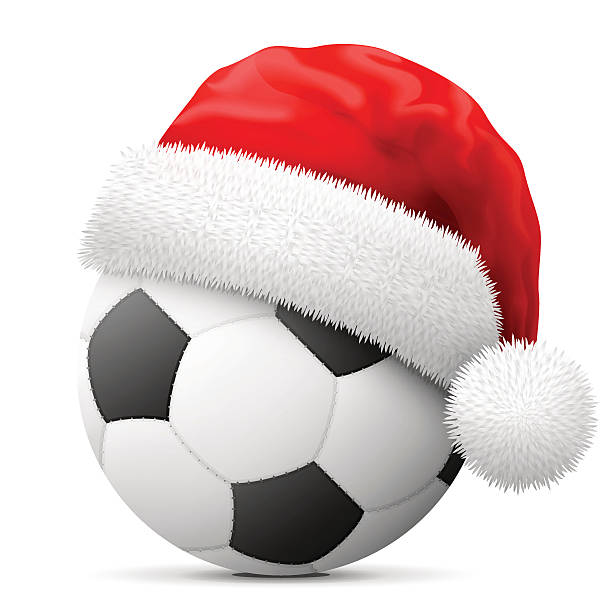 Soccer ball in red Santa Claus hat vector art illustration