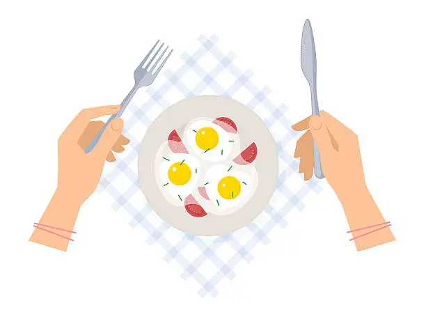 Vector illustration of Hands with fork and knife, ceramic plate with scrambled eggs.