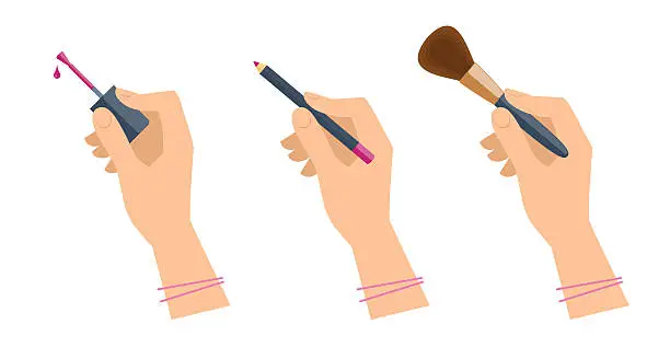 Vector illustration of Hands with cosmetic accessories: lip pen, eyeshadow brush, nail polish.