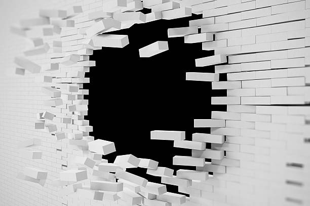 istock Destruction of a white brick wall for pasting anything text 626438880