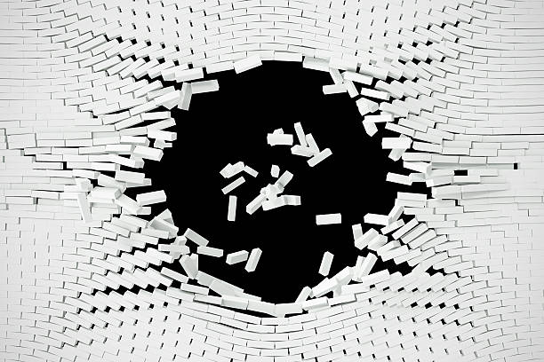 istock Destruction of a white wall with blank text. 3d illustration 626439364
