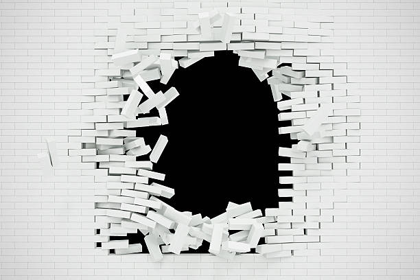 Explosion, destruction of a white brick wall, abstract background for