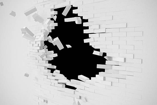 istock Destruction of a white wall with blank text. 3d illustration 626440030