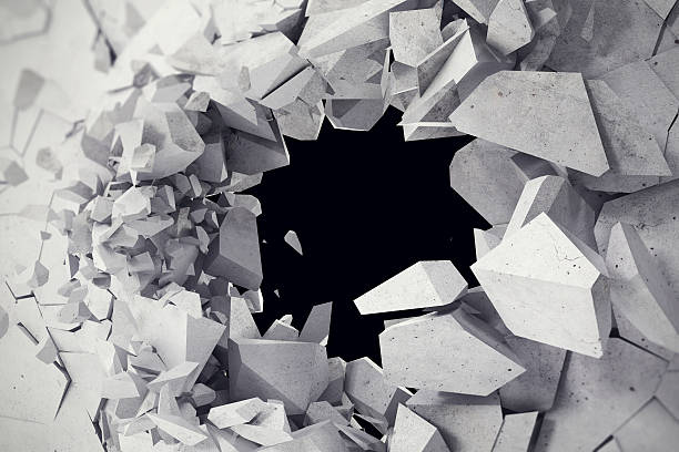 istock rendering, explosion, cracked concrete wall, bullet hole, destruction, abstract background. 626440432