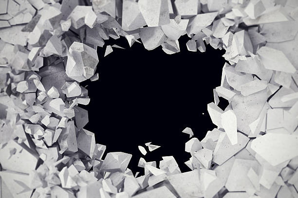 istock rendering, explosion, cracked concrete wall, bullet hole, destruction, abstract background. 626440562
