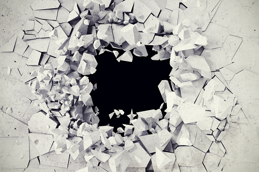 3d rendering, explosion, broken concrete wall, bullet hole, destruction abstract background
