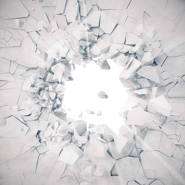 istock rendering, explosion, broken concrete wall, cracked earth, bullet hole, destruction 626440768