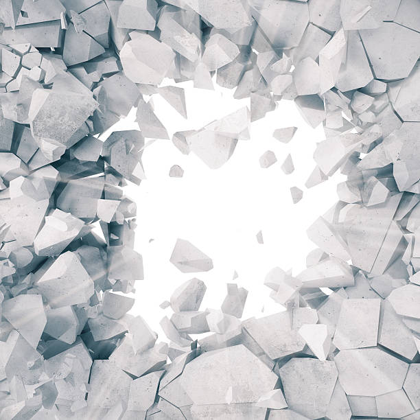istock rendering, explosion, broken concrete wall, cracked earth, bullet hole, destruction 626440854