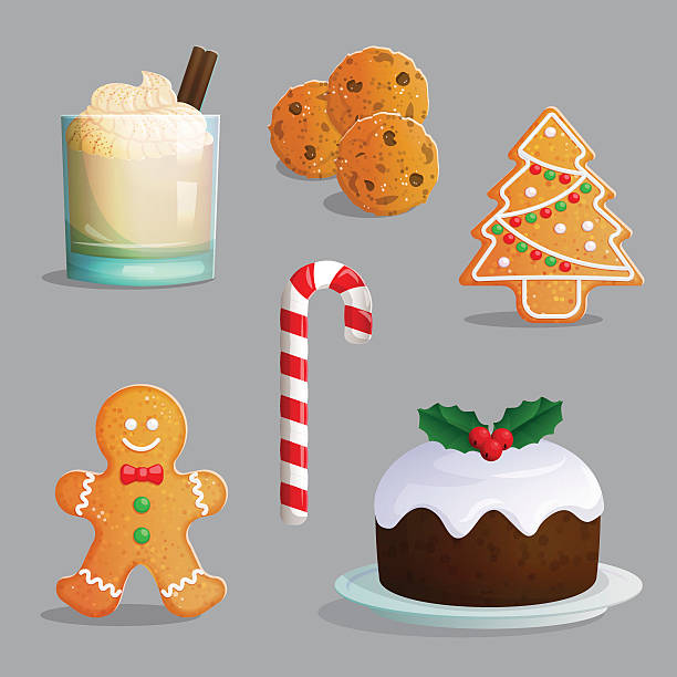 Traditional Christmas treats illustration set Traditional Catholic Christmas treats, egg nog glass with cream and cinnamon, festive candy cane, chocolate chip cookies, gingerbread ornament, traditional pudding. christmas eggnog stock illustrations