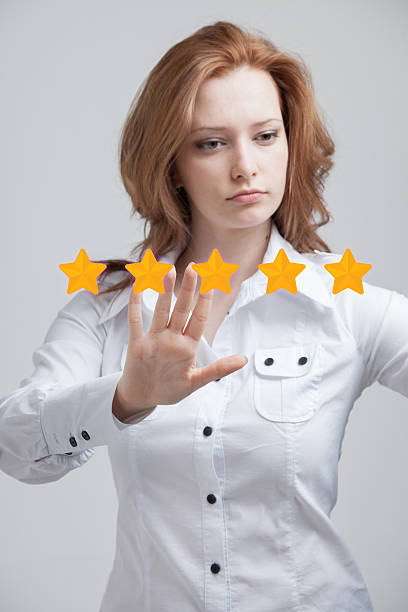 istock Five star rating or ranking, benchmarking concept. Woman assesses service 626445462