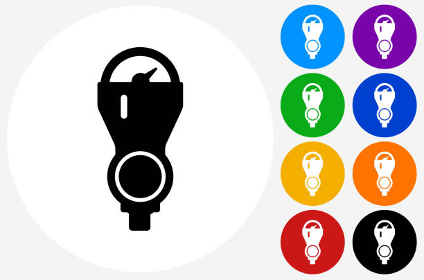 Parking Meter Icon on Flat Color Circle Buttons Parking Meter Icon on Flat Color Circle Buttons. This 100% royalty free vector illustration features the main icon pictured in black inside a white circle. The alternative color options in blue, green, yellow, red, purple, indigo, orange and black are on the right of the icon and are arranged in two vertical columns. parking meter white background stock illustrations