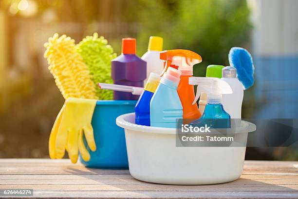 House Cleaning Product On The Table Outdoor Stock Photo - Download Image Now - Cleaning Product, Merchandise, Cleaning