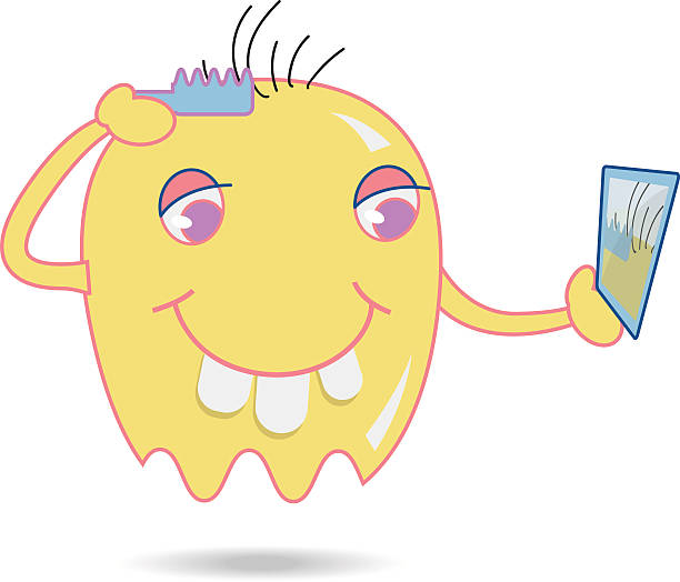 Cute yellow cartoon brush his hair by looking in mirror Cute yellow cartoon brush his hair by looking in mirror while floating over floor with shadow human hair comb combing cartoon stock illustrations