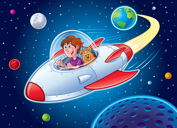 ilustrações, clipart, desenhos animados e ícones de menino com cachorro em nave espacial - 2334