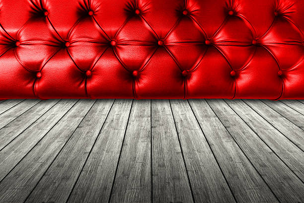istock Red  leather seat with white wood texture plank panel timber 626447660