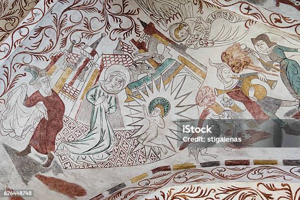 Gothic Wall Painting Of The Christmas Gospel Stock Photo - Download Image Now - Nativity Scene, Circa 15th Century, Mural