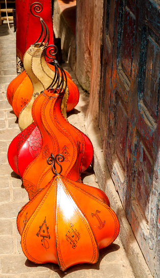 Traditional moroccan leather lamps for sale, Essaouira