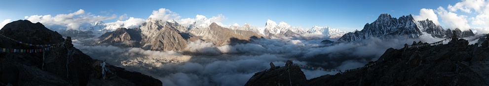 Evening panoramic view of Mount Everest, Lhotse, Makalu and Cho Oyu from Gokyo Ri - Khumbu valley, sagarmatha national park - Nepal