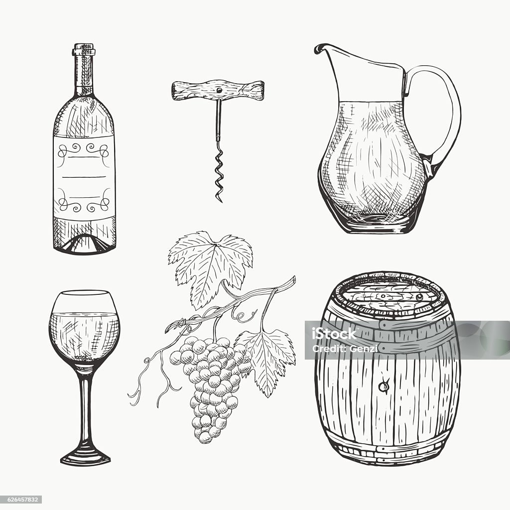 Creative sketch of wine elements. Vector illustration. Creative sketch of wine elements. Vector illustration. Wine elements used for logo design, advertising wine, beverage in restaurant or bar menu. Baseball Pitcher stock vector