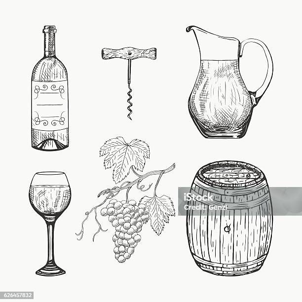 Creative Sketch Of Wine Elements Vector Illustration Stock Illustration - Download Image Now