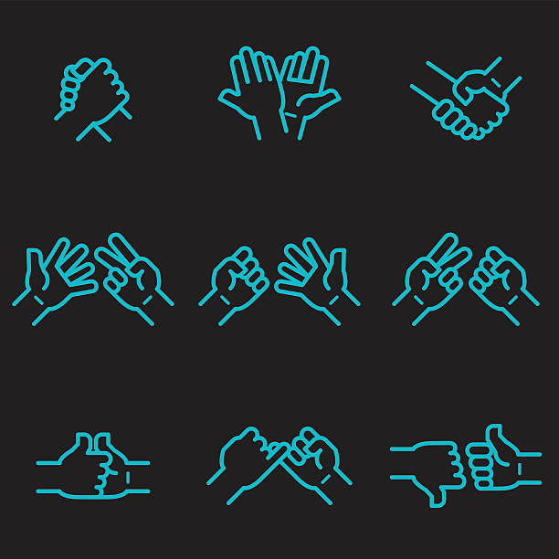 illustrazioni stock, clip art, cartoni animati e icone di tendenza di icone mani in azione [bagliore al buio] - thumbs up human thumb human hand conflict