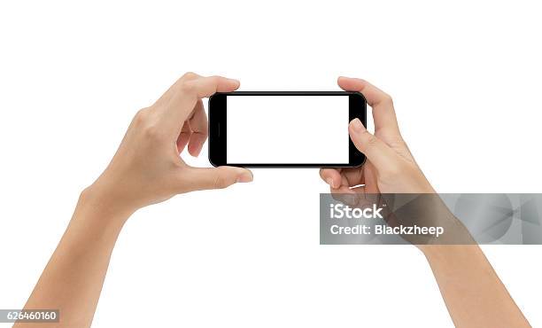 Hand Holding Phone Isolated On White Background Stock Photo - Download Image Now - Mobile Phone, Photography, Photographic Print