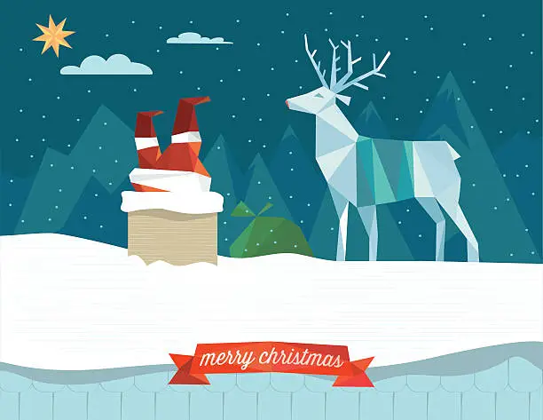 Vector illustration of santa claus stacking in the chimney with reindeer on roof
