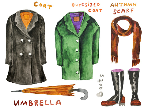 Autumn coat, oversized coat, boots, scatf, umbrella. Hand drawn watercolor illustration. Hand drawn watercolor illustration. Raster illustration
