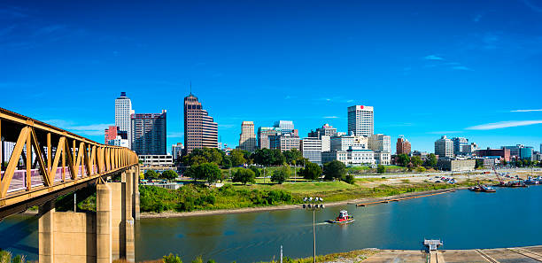 Panorama of Memphis Skyline Panorama of Memphis Skyline with blue sky and Mississippi river. memphis tennessee stock pictures, royalty-free photos & images