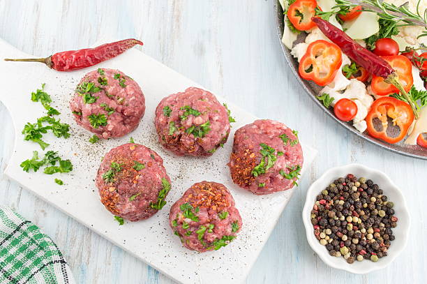istock Raw meatballs ready for frying on a tray 626467122