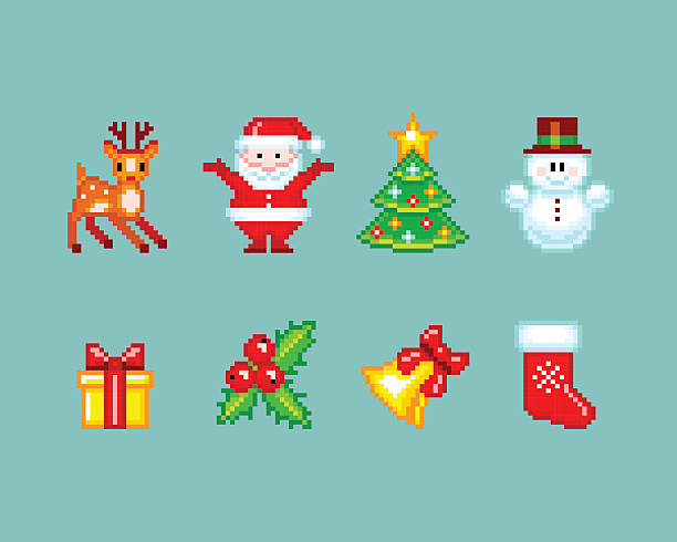 ilustraciones, imágenes clip art, dibujos animados e iconos de stock de elementos navideños en estilo pixel-art - christmas humor fun art