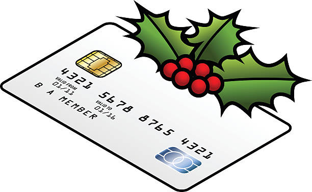 Christmas / holiday buying concept Christmas holidays gift buying and consumption concept: a sprig of holly on a credit card. cvc stock illustrations