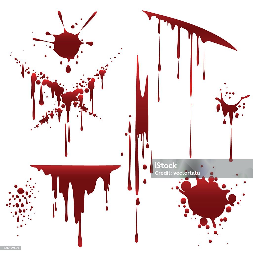 Bloody horror scruffy splatter Bloody horror scruffy splatter. Blood drops, splashes and clots isolated on white background. Vector illustration Blood stock vector