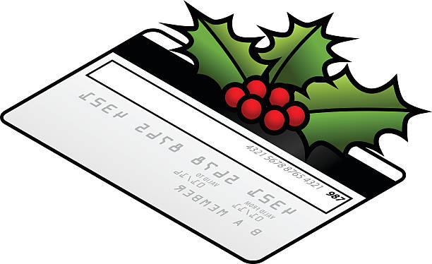 Christmas / holiday buying concept Christmas holidays gift buying and consumption concept: a sprig of holly on a credit card. cvc stock illustrations