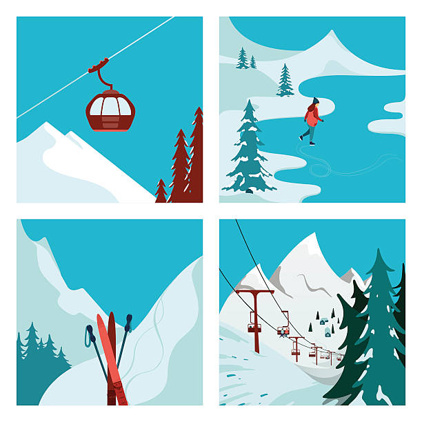 Ski Resort in the mountains. Ski Lift in the mountains. Girl skating. Winter landscape. Vector illustrations. snow skiing stock illustrations