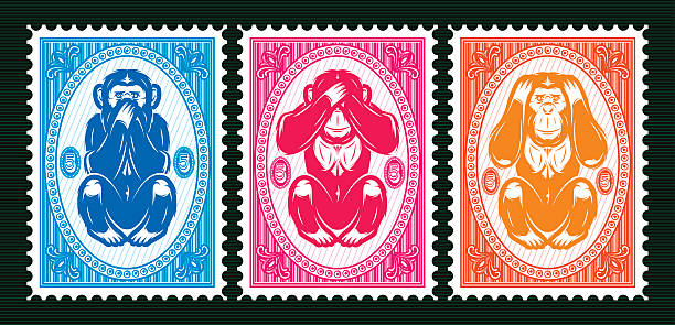 ilustrações de stock, clip art, desenhos animados e ícones de three colored vector template with three monkeys - postage stamp backgrounds correspondence delivering