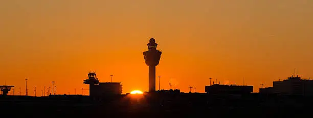Amsterdam-Schiphol airport sunset  at a clear sky (panorma)